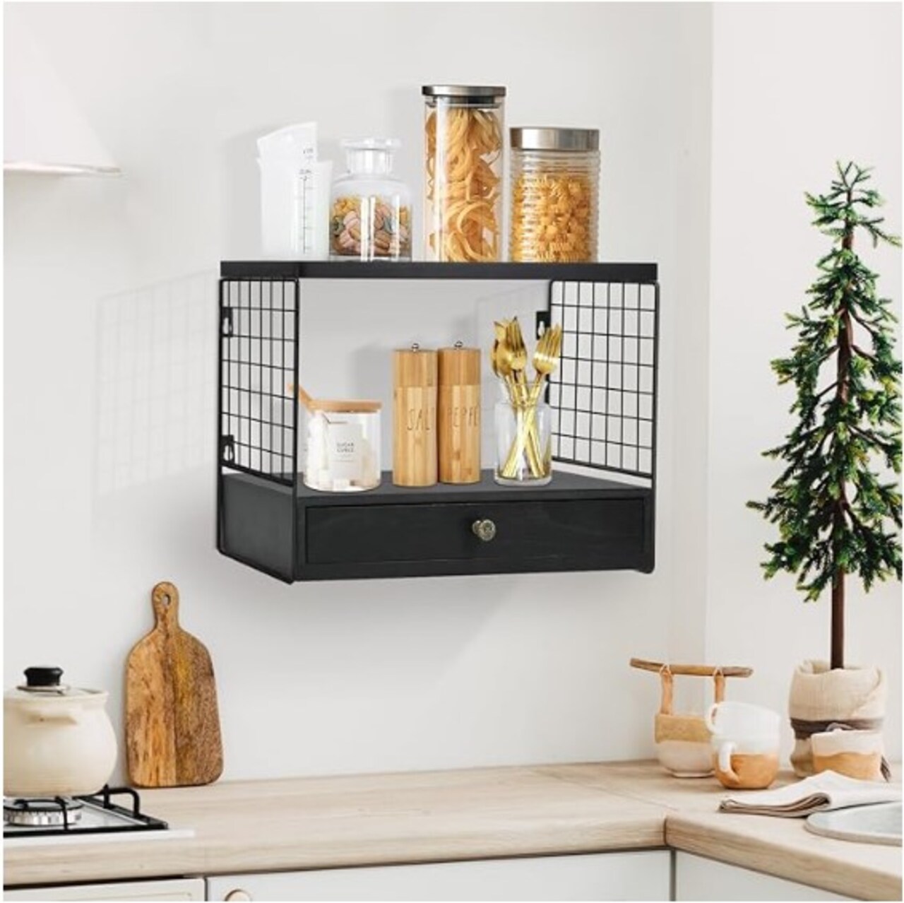 Wood Metal Floating Shelves for Bedroom, Bathroom Wall Shelf with Drawer, 2 Tier Storage, Floating Nightstand Bedside Table Shelf Wall Mounted Wall-mounted Kitchen Shelf, Coffee Bar Organizer